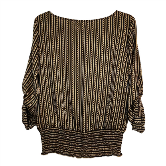 🔥FINAL💲⬇️MICHAEL Michael Kors Black/Gold Chain Print Smocked Top, Size M ~ EUC - Picture 2 of 7